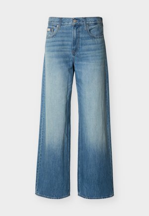 Zilas plata piegriezuma džinsa bikses ar izbalējumu priekšējo augšstilbu apvidū, priekšējām kabatām, jostas cilpām un pogas aizdari.