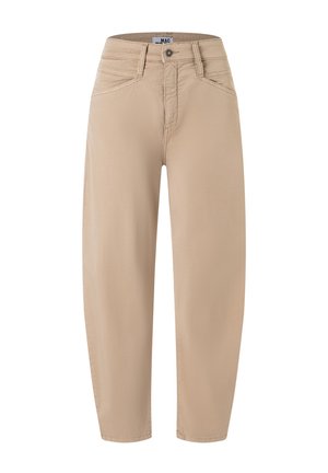 Beige hochtaillierte Hose mit geradem Bein, Frontknopf und Taschen, mit gesteppten Details am Bund und den Taschen.