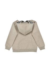 Beige Kapuzenpullover mit einer auffälligen Kapuze, langen Ärmeln und ribbeligen Bündchen. Verfügt über ein schwarz-weißes Logo auf der Innenseite der Kapuze. Weiches Material.