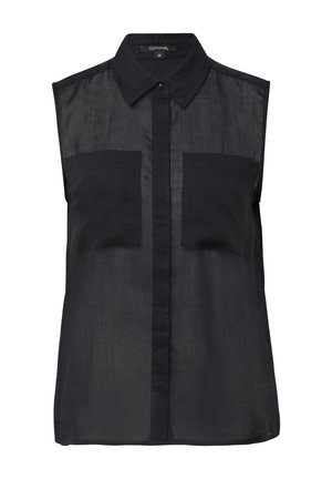 Schwarzes, ärmelloses Hemd mit Kragen, das zwei Fronttaschen aufweist und aus einem leichten, durchsichtigen Material gefertigt ist. Knopfverschluss vorne.