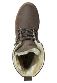 Botte d’hiver marron à lacets avec une doublure intérieure en fourrure douce et claire et un col rembourré au niveau de la cheville, vue de dessus.
