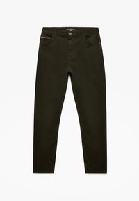 Donkergroene slim-fit jeans met een gladde textuur, met traditionele vijf-pocket styling en een klein zakje met rits aan de voorkant.