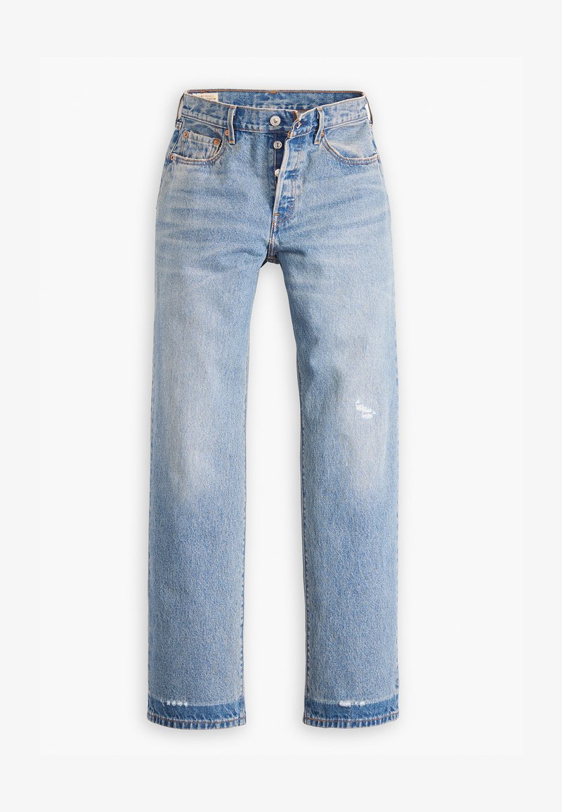 Jeans din denim de un albastru deschis, cu croială dreaptă, design cu cinci buzunare, fermoar cu buton și ușoare deteriorări la genunchi.