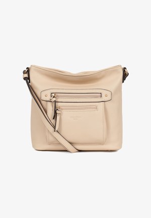 Beige leren crossbodytas met twee voorvakken met rits, verstelbare riem en subtiele, geperste merknaam op het voorvak.