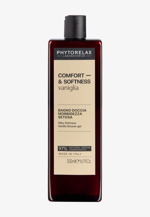 Mørkerød rektangulær flaske med Phytorelax vanilieduftende brusegelé med sort fliphætte og beige etiket, 500 ml, 97 % ingredienser af naturlig oprindelse.