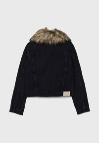 Black denim jacket with a faux fur collar, cropped design, flat seams, two back pockets, and a small label at the hem.