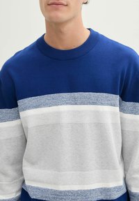 Gestreifter Pullover in Blau und Hellgrau mit ribbeltem Ausschnitt und strukturiertem Stoff in unterschiedlichen Breiten. Weiches, lässiges Design ohne Muster.