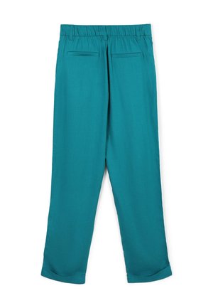 Pantaloni leggeri turchesi con gamba larga, vita elastica e due tasche sul retro. Presentano una texture liscia e risvolti arrotolati all'orlo.
