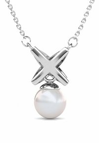 Zilveren ketting met een oversized, gepolijste, witte parel hanger. De hanger heeft een kenmerkend kruisvormig ontwerp boven de parel.