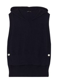 Pull sans manches bleu marine avec décolleté en V et capuche, featuring des détails côtelés et deux accents de boutons à l'ourlet. Tissu doux en tricot.