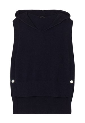 Marineblauer ärmelloser Pullover mit V-Ausschnitt und Kapuze, ausgestattet mit gerippten Details und zwei Knopfakzenten am Saum. Weicher, gestrickter Stoff.