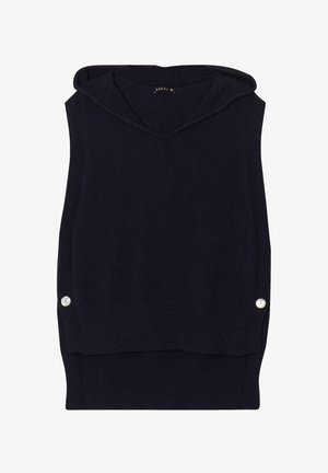 Marineblauwe mouwloze sweater met een V-hals en capuchon, voorzien van geribbelde details en twee knopenaccenten aan de onderkant. Zachte, gebreide stof.