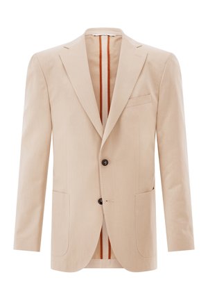 Beiger einreihiger Blazer mit Notch-Revers, zwei vorderen Knöpfen, aufgesetzten Taschen und braun gestreiftem Innenfutter.