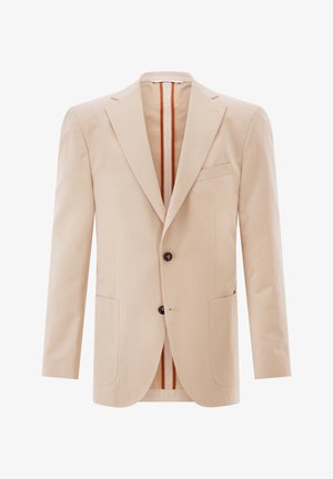 Beiger einreihiger Blazer mit Notch-Revers, zwei vorderen Knöpfen, aufgesetzten Taschen und braun gestreiftem Innenfutter.