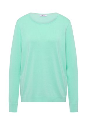 Pull vert menthe à manches longues avec col rond, poignets et ourlet côtelés, étiqueté "CECIL" sur le col intérieur.
