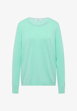 Miętowozielony sweter z długim rękawem i okrągłym dekoltem, z prążkowanymi mankietami i ściągaczem u dołu, z napisem "CECIL" na wewnętrznym kołnierzu.