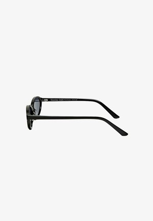 Lunettes de soleil rectangulaires noires vues de côté, avec des branches fines et la marque "Massimo Dutti" sur la branche intérieure.