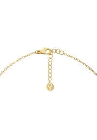 Auksinė grandinėlė su omaro užsegimu ir reguliuojamu ilgio prailginimu, puošta mažu auksiniu ženkliuku su įspaustu simboliu.