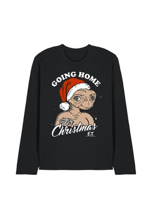 Black long-sleeve shirt with an illustration of E.T. wearing a red Santa hat and text that reads "Going home for Christmas E.T."
