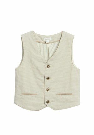 Beige ærmeløs vest med tekstureret stof, V-hals, fire brune knapper, to vandrette forlommer og en stribet inderforing.