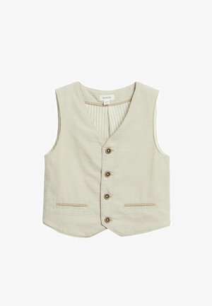 Beige mouwloos vestje met gestructureerde stof, V-hals, vier bruine knopen, twee horizontale voorzakken en een gestreepte binnenvoering.