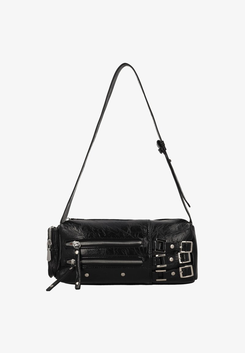 Schwarze Lederhandtasche mit rechteckiger Form, zwei Reißverschlusstaschen und metallischen Verzierungen, darunter Schnallen an den Seiten.