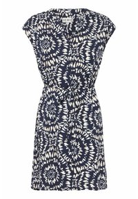 Marinblå klänning med blommönster i creme, korta ärmar, V-hals och knytbart midjeband. Tillverkad av lättviktsmaterial.