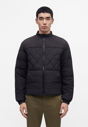 Hombre con chaqueta acolchada negra con cremallera, cuello alto y puños elásticos, combinado con pantalones verde oliva, de pie frente a un fondo blanco.