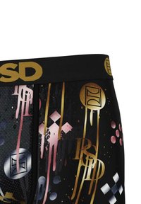 Boxeri negri cu un model grafic în accente de aur, roz și alb. Material moale cu un elastic negru pe care este imprimată inscripția "SD" în aur.