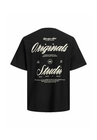 T-shirt noir à manches courtes avec texte blanc au dos indiquant « Originals Studio » et petites phrases sur la créativité et le port quotidien.