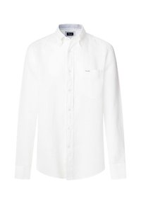 Camisa blanca de manga larga hecha de lino con cuello abotonado, un bolsillo en el pecho y detalle a rayas en el interior del cuello.