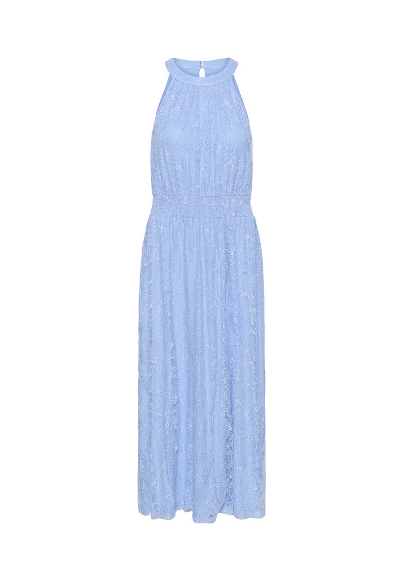 Robe sans manches en dentelle bleu clair avec un col montant, une taille cintrée et une longue jupe fluide.