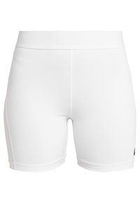 Bermudas deportivas blancas con una tela suave y elástica y una cinturilla ancha; presentan costuras en contraste y un pequeño logotipo en el lateral.