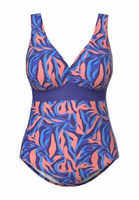 Het badpak heeft een V-hals ontwerp met brede banden, een levendig bloemenpatroon in blauw, roze en paars, en een brede effen band onder de buste.