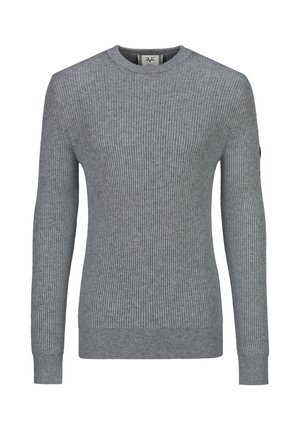 Men's long-sleeve grey ribbed knit sweater with crew neckline and fitted cuffs.