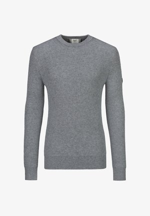 Herren langärmliger grauer gerippter Pullover mit Rundhalsausschnitt und engen Bündchen.