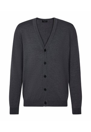 Dunkelgrauer Cardigan aus weichem Strickstoff, mit V-Ausschnitt, sechs vorderen Knöpfen und gerippten Bündchen für eine strukturierte Passform.