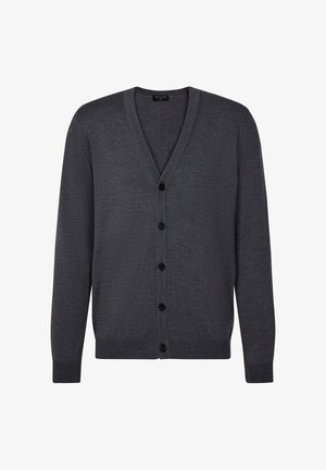 Dunkelgrauer Cardigan aus weichem Strickstoff, mit V-Ausschnitt, sechs vorderen Knöpfen und gerippten Bündchen für eine strukturierte Passform.