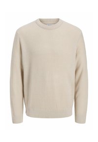 Pull en tricot couleur crème avec une surface texturée, col rond côtelé et poignets. Coupe décontractée avec un design classique.
