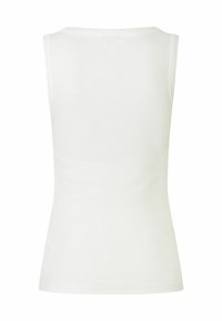 Weißes, ärmelloses Tanktop aus geripptem Stoff. Enganliegendes Design mit rundem Ausschnitt und sauberen, fertigen Kanten. Keine sichtbaren Muster oder Akzente.