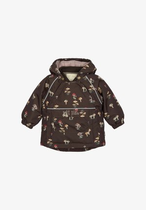 Chaqueta acolchada marrón con un patrón multicolor de setas, puños elásticos, un gran bolsillo frontal y una capucha con cordón.