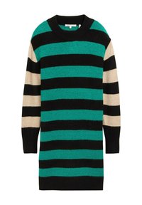 Sweter z długim rękawem, z dzianiny, z naprzemiennymi paskami w kolorze czarnym, turkusowym i beżowym. Okrągły dekolt i luźny krój. Miękka tekstura, długość do bioder.