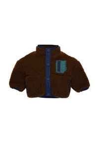 Braune Fleecejacke mit hohem Kragen, marineblauen Details und Druckknöpfen. Besitzt eine blau-grüne quadratische Tasche auf der Vorderseite. Kurze Ärmel.