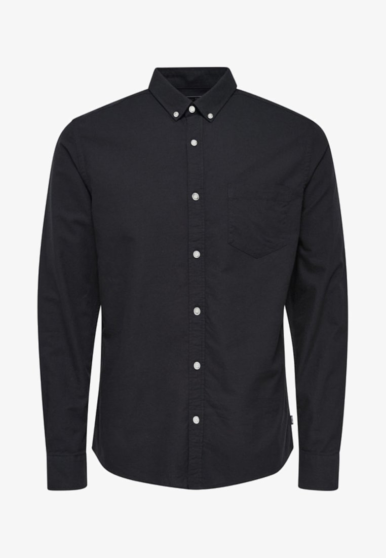 Black long-sleeve shirt made of cotton, featuring a button-down collar, white buttons, a single chest pocket, and a straight hem.