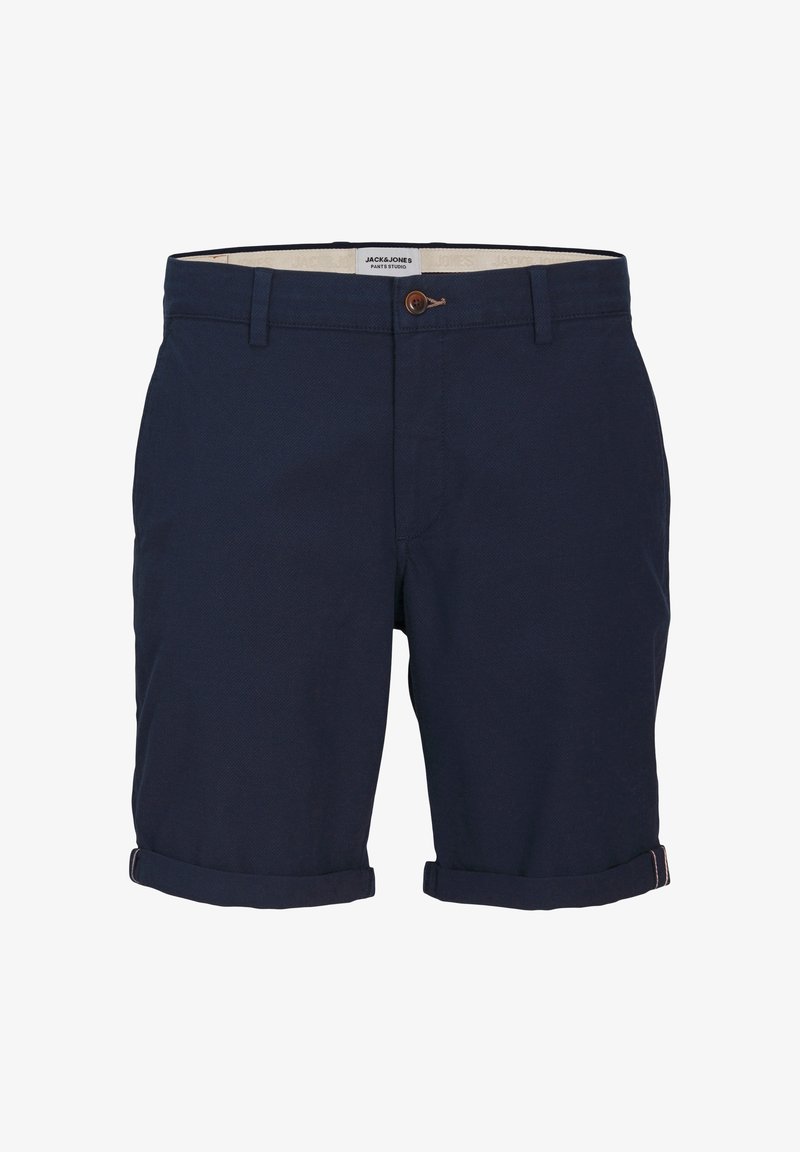 Tengerészkék pamut rövidnadrág sima textúrával, hajtható mandzsettákkal, gombos záródással és fehér belső béléssel, amely márka részleteket tartalmaz.