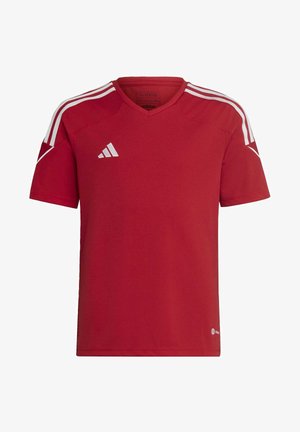 Rotes Sporttrikot mit kurzen Ärmeln, V-Ausschnitt-Design, weißen drei Streifen an den Schultern und Adidas-Logo auf der oberen linken Seite.