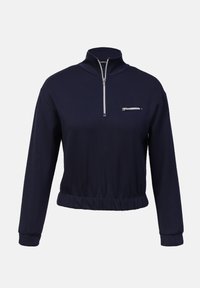 Marineblå genser med høy krage, halv glidelås foran og en liten glidelåslomme på brystet. Har elastiske mansjetter og linning. Glatt stoff.