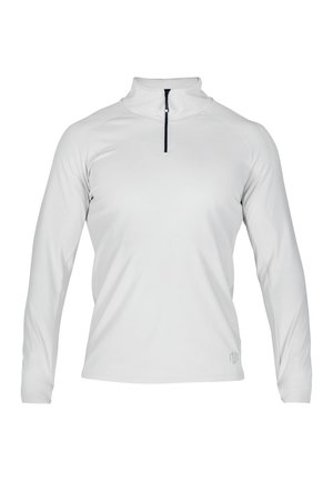 Langärmliger Pullover mit Viertelreißverschluss aus hellgrauem Material mit glatter Textur und dezentem Logo-Detail am Saum. Reißverschluss in schwarzem Akzent.