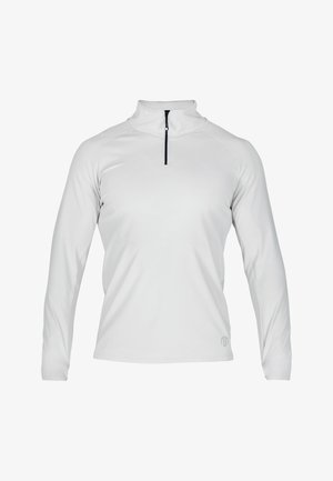 Langärmliger Pullover mit Viertelreißverschluss aus hellgrauem Material mit glatter Textur und dezentem Logo-Detail am Saum. Reißverschluss in schwarzem Akzent.