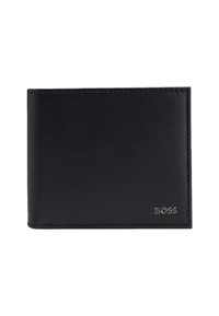 Billetera bifold de cuero negro con costuras cuidadosas y pequeño logotipo en plata "BOSS" estampado en la esquina inferior derecha.